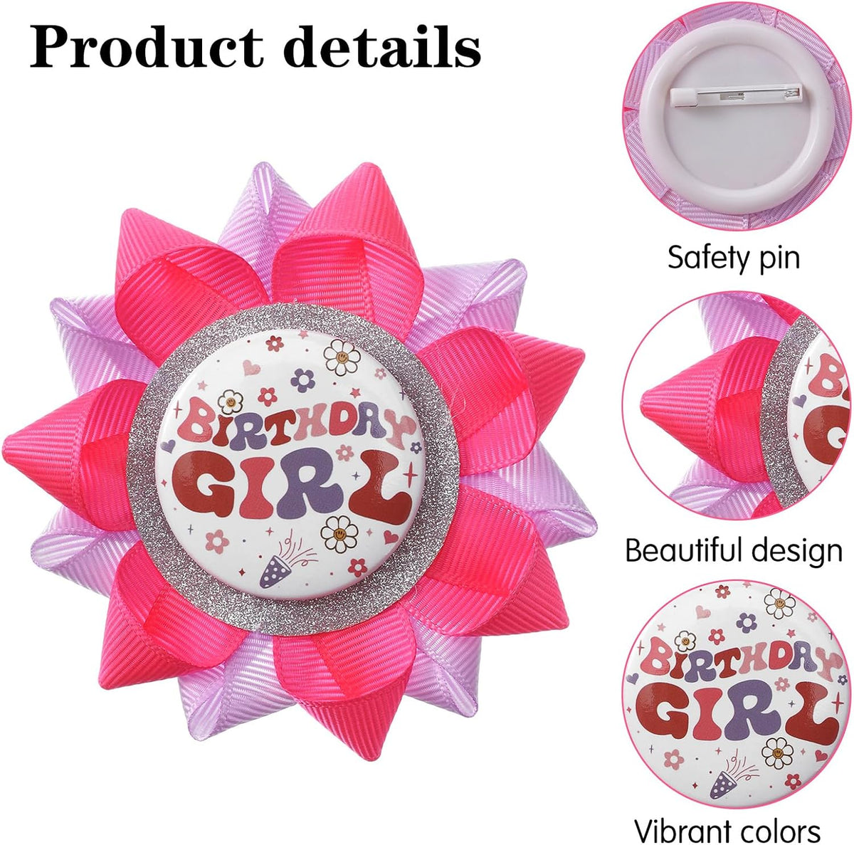 Handmade "BIRTHDAY GIRL" Button Pin 4 Inch Hot Pink and Purple