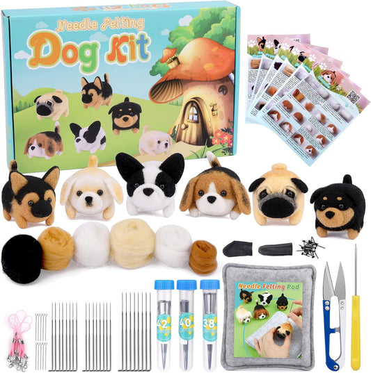 Needle Felt Starter Kit, 6 Pieces Dog Wool Needle Felting Kit, Needles Felting Supplies with Instruction,Felting Foam Mat, Wool Felting Kit for DIY Craft Animal Home Decoration