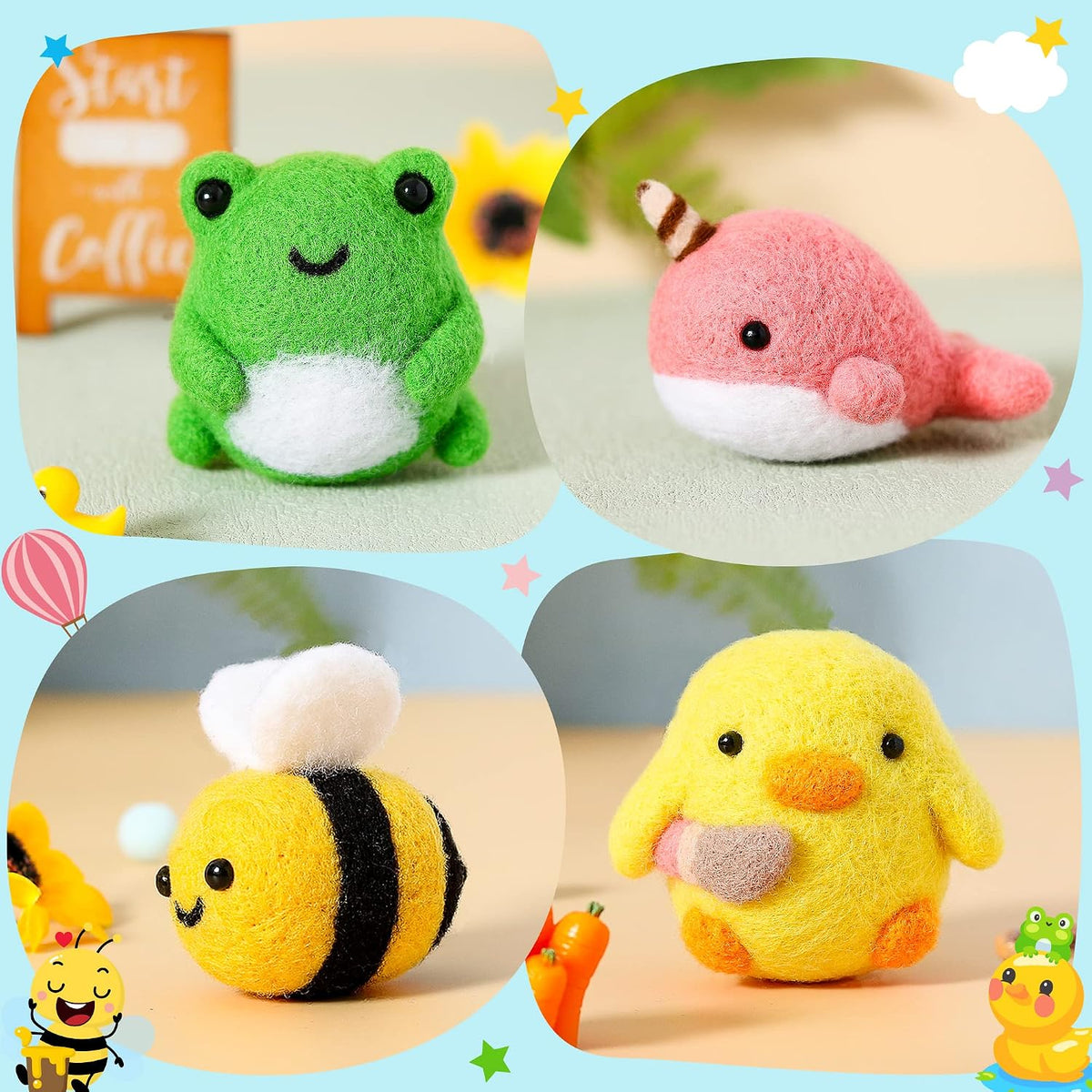 WATINC Set of 4 Cute Animal Needle Felting Starter Kit Frog Chick Bee Narwhal Animal Doll Wool Felting Tools Felt Needles Foam Mat DIY Needlework Craft Party Supplies for Beginners Adults