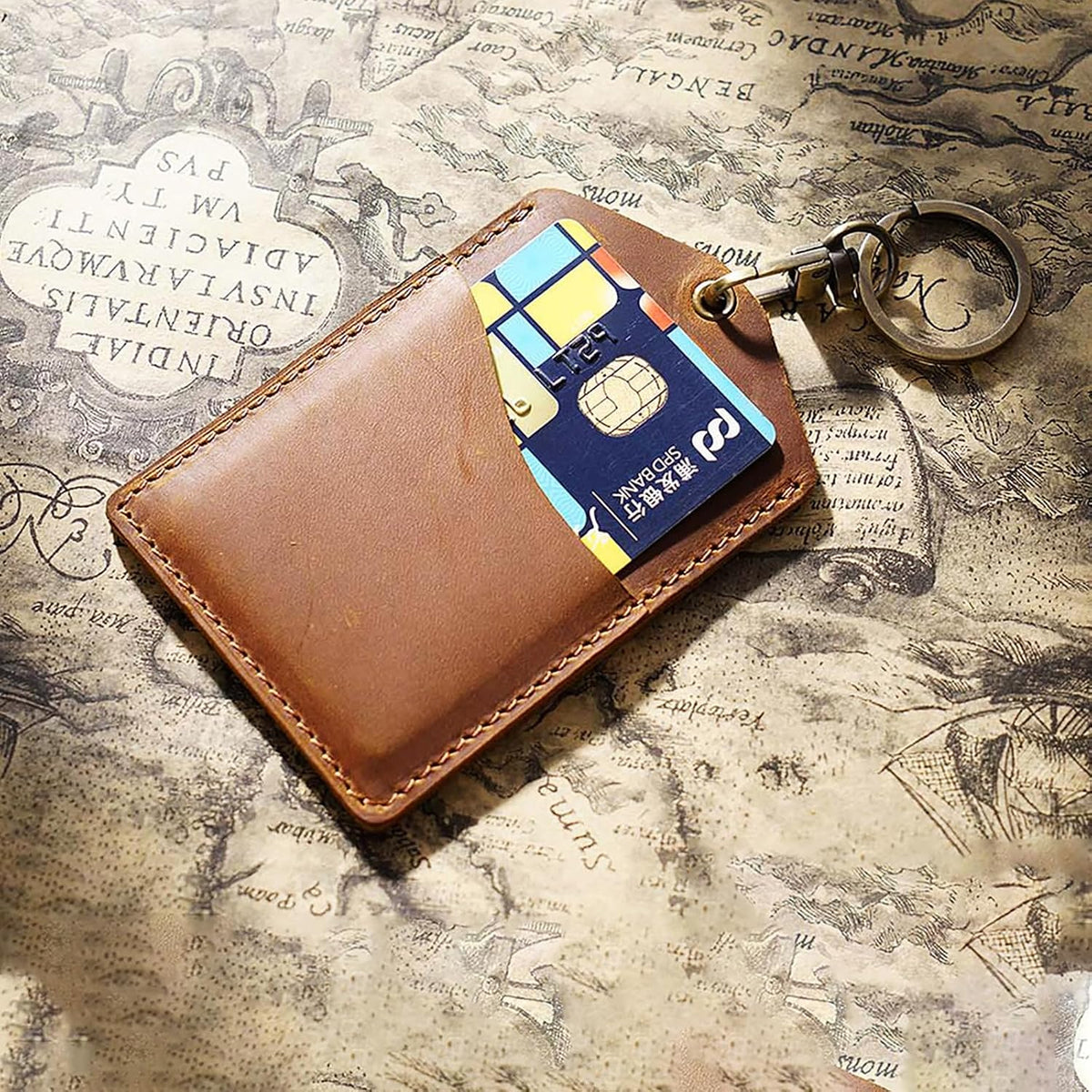 Badge Holder, Handmade Leather ID Card Badge Holder with Carabiner Clip