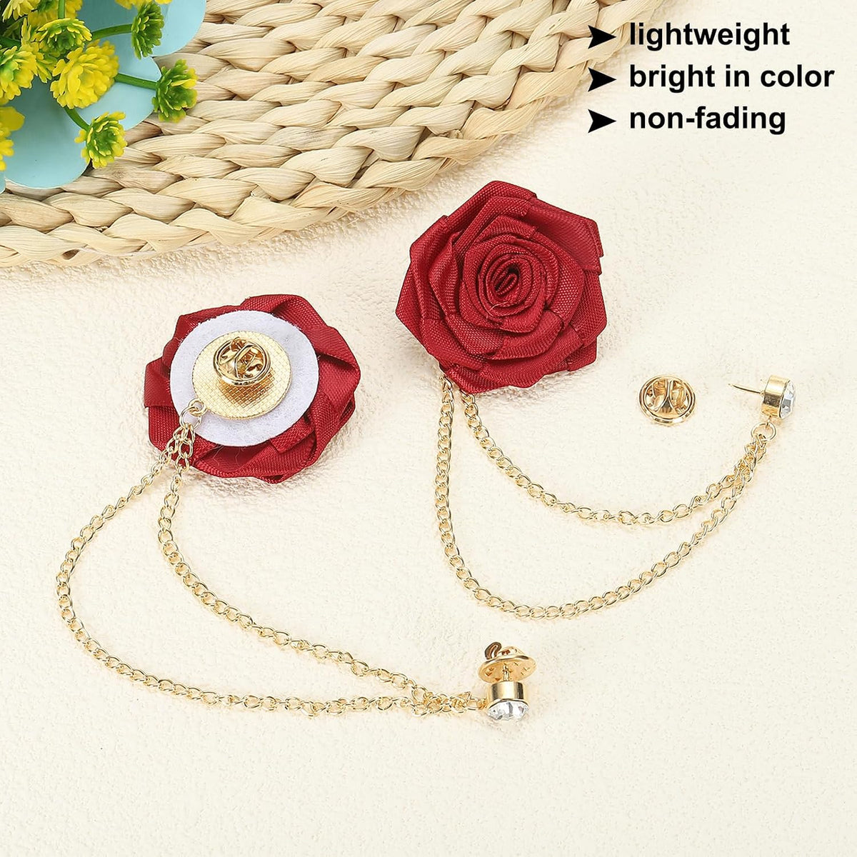 MECCANIXITY Wedding Brooches Bridegroom Rose Flower Brooch Pin for Men Cloth Art Handmade Badge Tassel Chain Men's Suit Accessories, Champagne