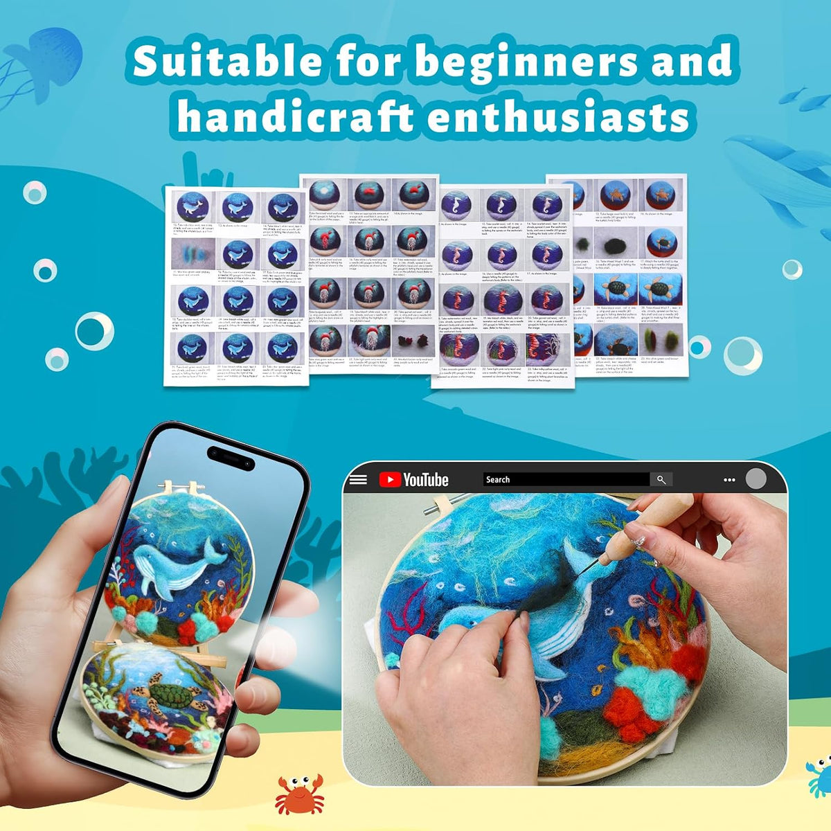 Fedmut Needle Felting Kit, Wool Felting Kit 4 Set Sea Animal Painting Frame