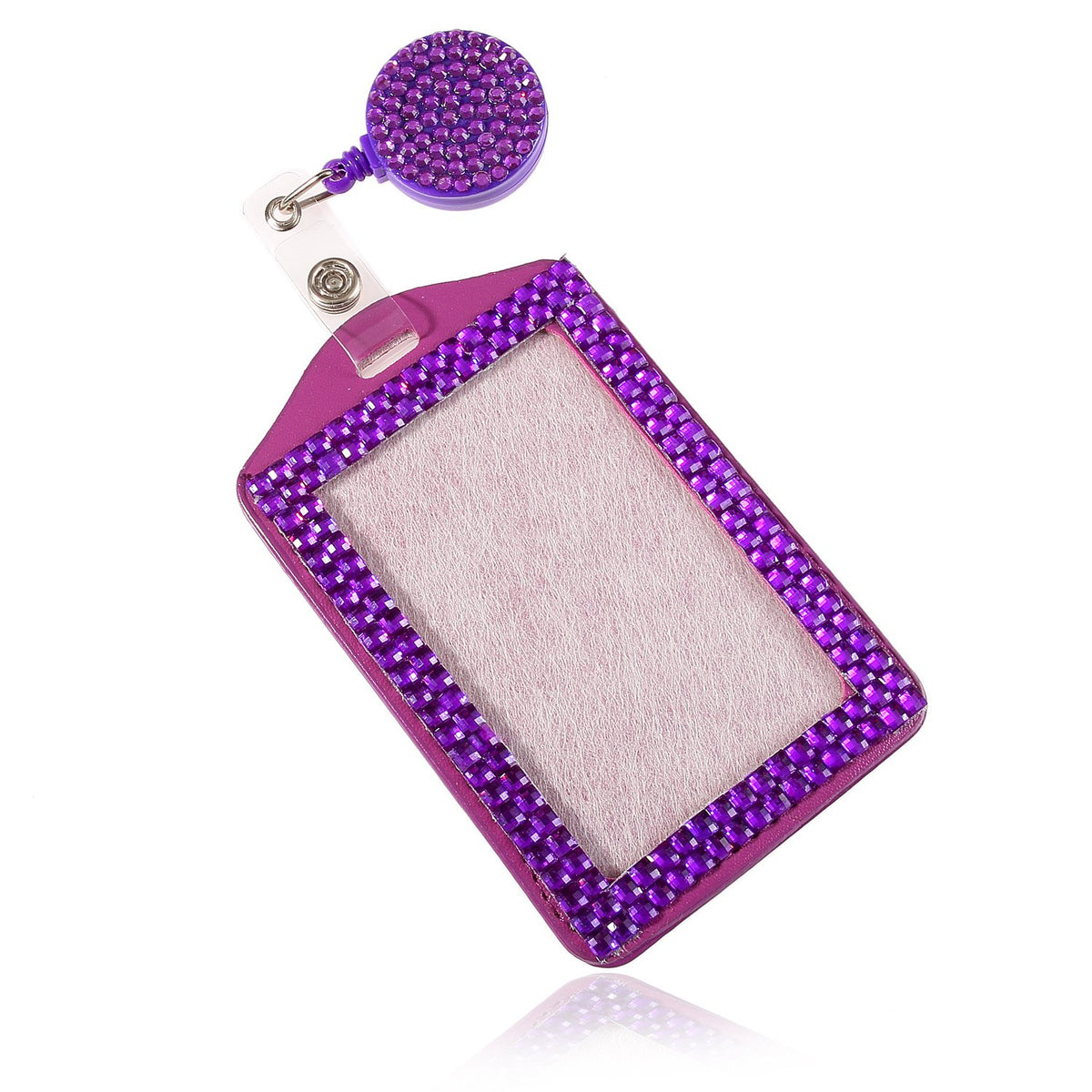 Fashion Retractable Pink Crystal Neck Lanyard,Premium Bling ID Name Badge Holder,Portable Rhinestone Work Badge Reel Clip for Nurse,Teacher,Doctor,Women(Vertical Card Holder,Baby Pink)