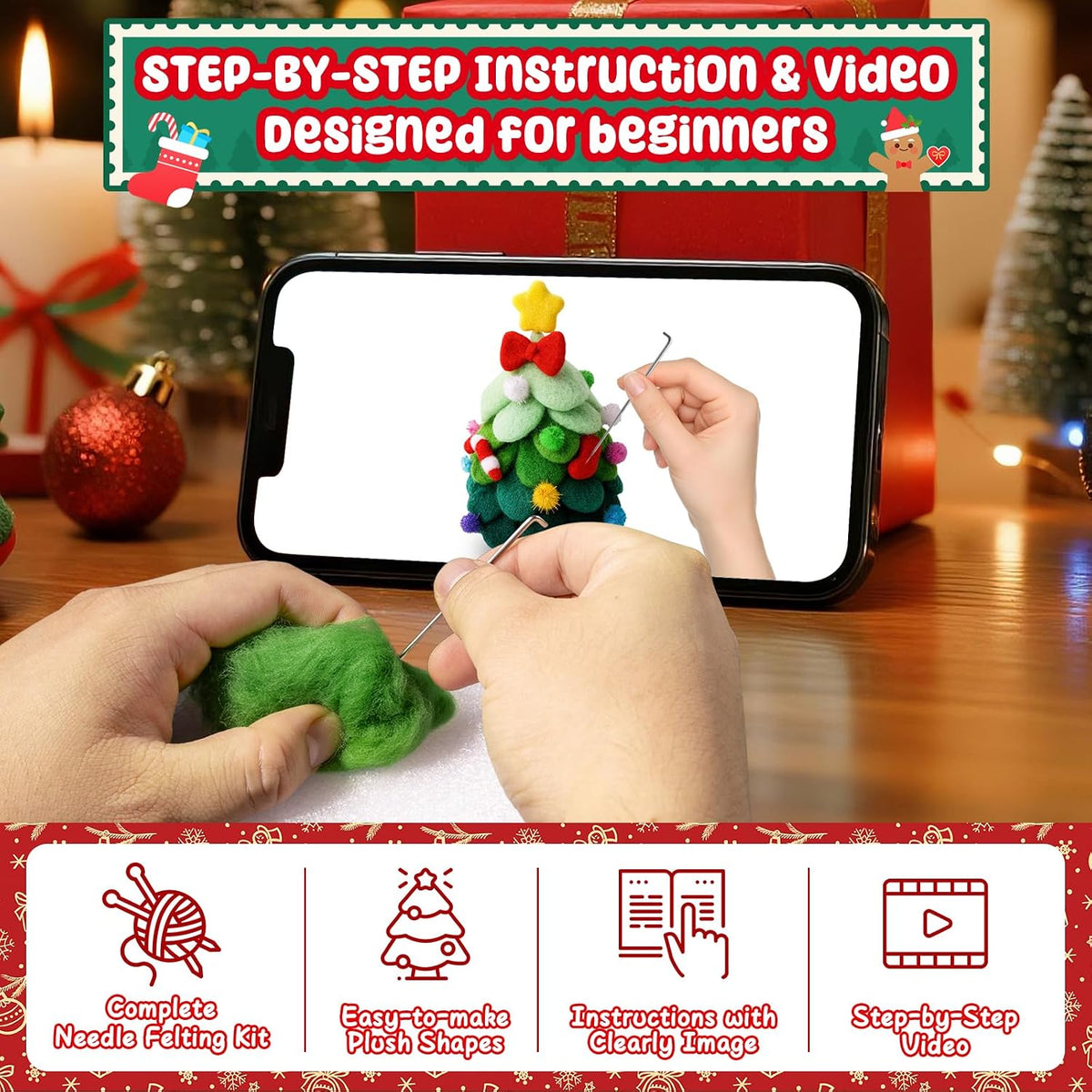 KIDS KING Needle Felting Kit for Handicraft Beginners Teens & Adults – Christmas Tree Felting with Instruction, Material Tools: Wool, Needles, Felting Pad, Home Decorations for Christmas