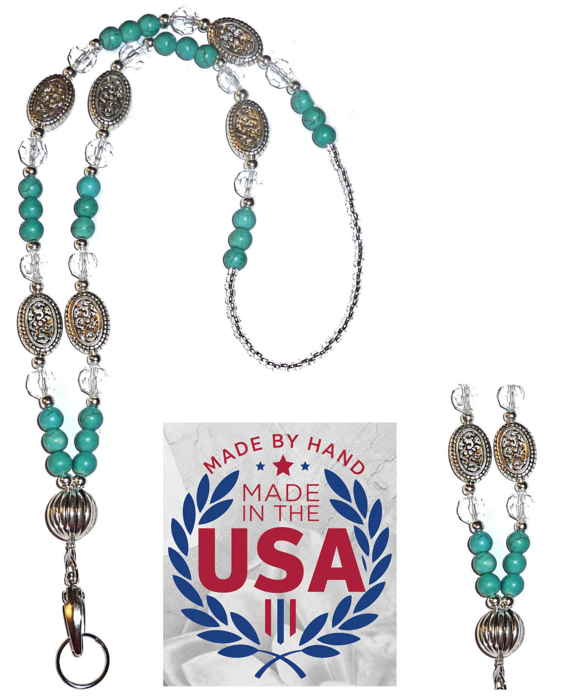 Hidden Hollow Beads Turquoise Women's Hand Beaded Fashion Lanyard 34 Inches, USA, Teacher ID Badge Holder Keys Cruise (Turquoise & Howlite Breakaway Clasp)