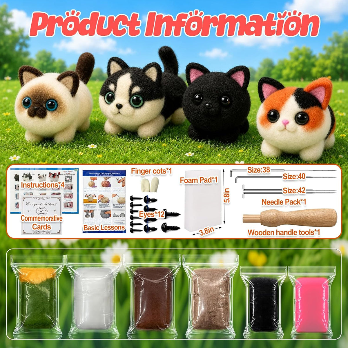 Voduynl Beginner Needle Felting Kit - 4 Cats and Dogs Pairs - Includes Wool, Tools, Step-by-Step Video, Safety Guide & Instruction Cards, Ideal Starter Set for Adults & DIY Beginners