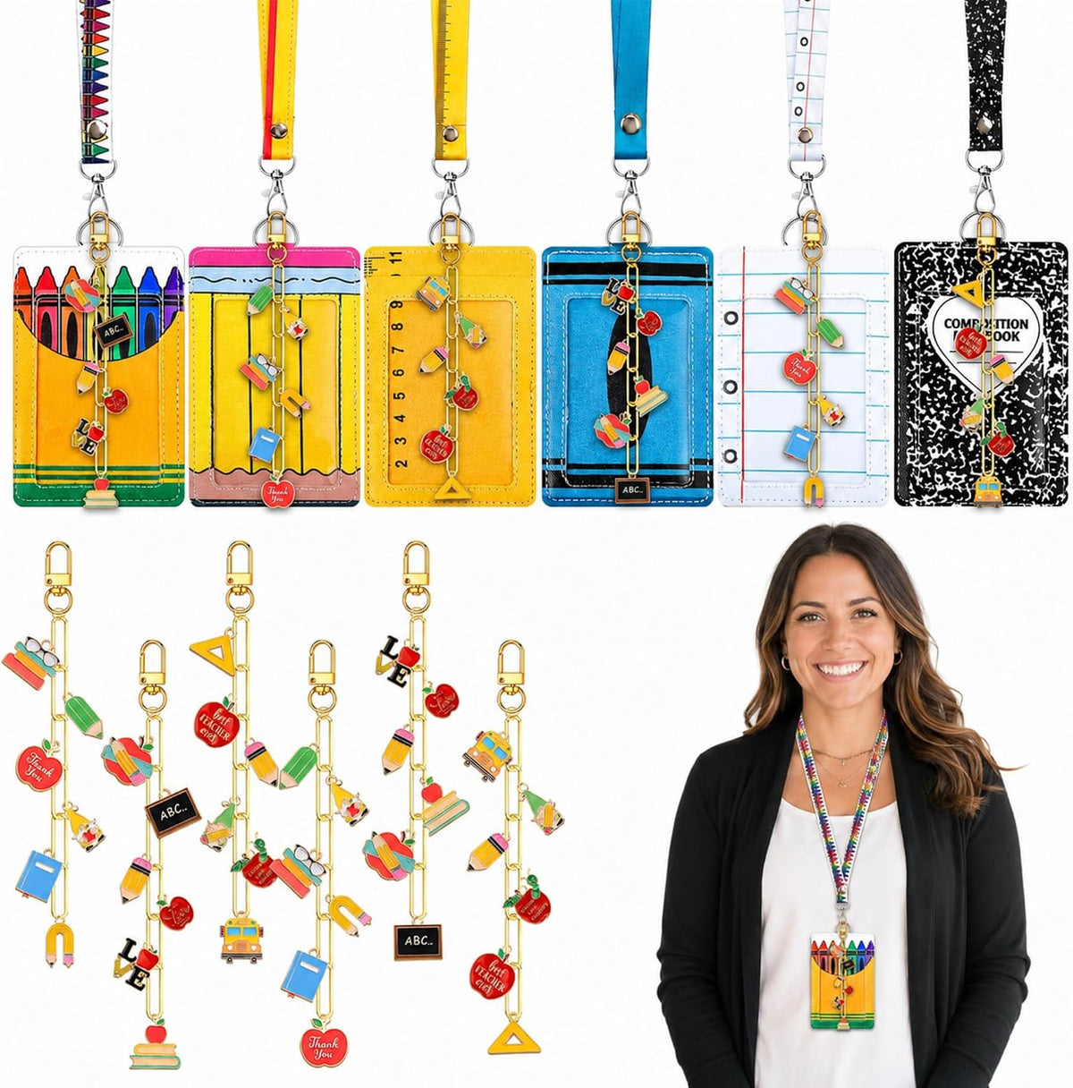 Landhoow 105 Pcs 6 Set Teacher ID Badge Holder with Lanyard and Charms