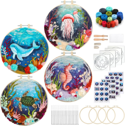 Fedmut Needle Felting Kit, Wool Felting Kit 4 Set Sea Animal Painting Frame