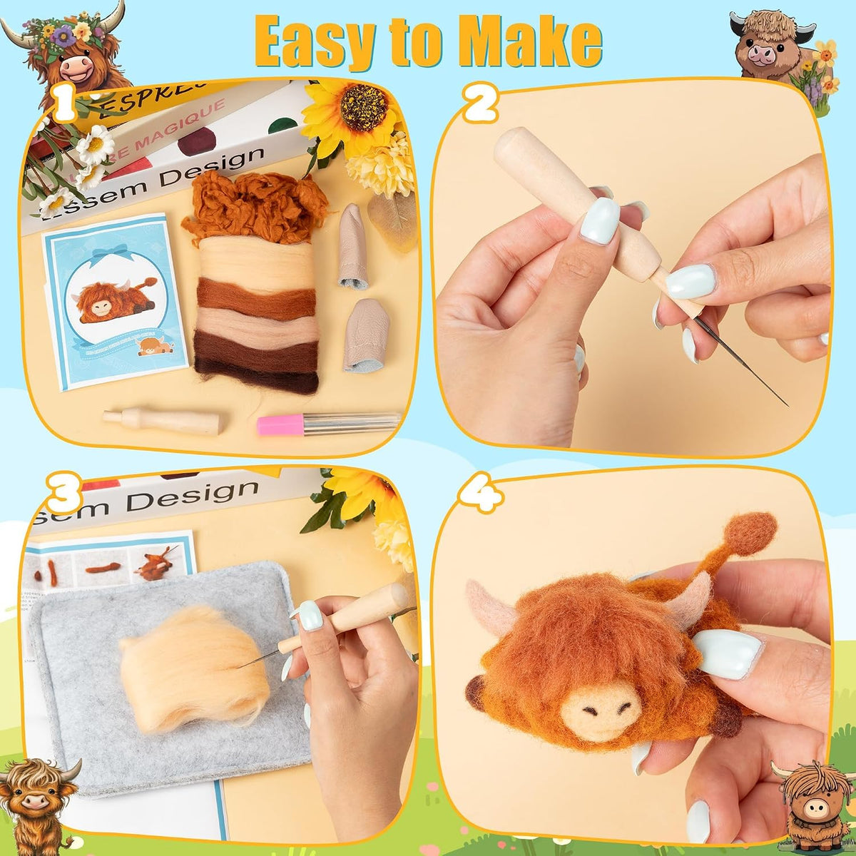 WATINC Highland Cow Needle Felting Kit - Set of 10 Different Highland Cow Doll Wool Felt Needle Felting Tools Foam Pad, DIY Home Decoration Needle Felting Craft Party Supplies for Beginners (30Pcs)