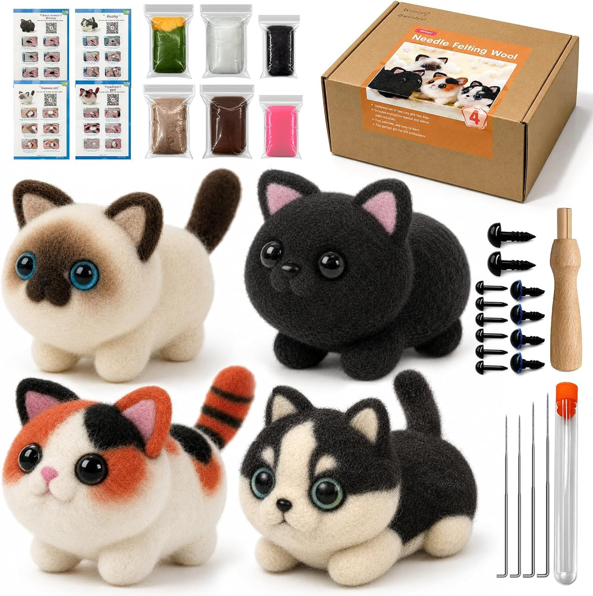Voduynl Beginner Needle Felting Kit - 4 Cats and Dogs Pairs - Includes Wool, Tools, Step-by-Step Video, Safety Guide & Instruction Cards, Ideal Starter Set for Adults & DIY Beginners