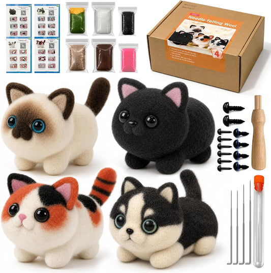 Voduynl Beginner Needle Felting Kit - 4 Cats and Dogs Pairs - Includes Wool, Tools, Step-by-Step Video, Safety Guide & Instruction Cards, Ideal Starter Set for Adults & DIY Beginners