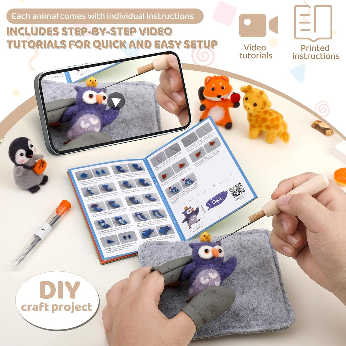 OEHPICC Needle Felting Starter Kit, 7 Cute Buddy Wool Felting Kit