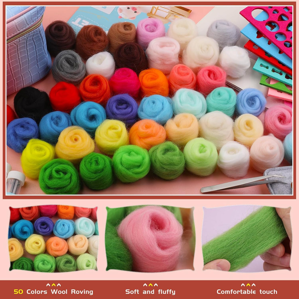 ZXIIXZ 50 Colors Needle Felting Kit, 185 Pcs Felt Kits for Beginners Adult