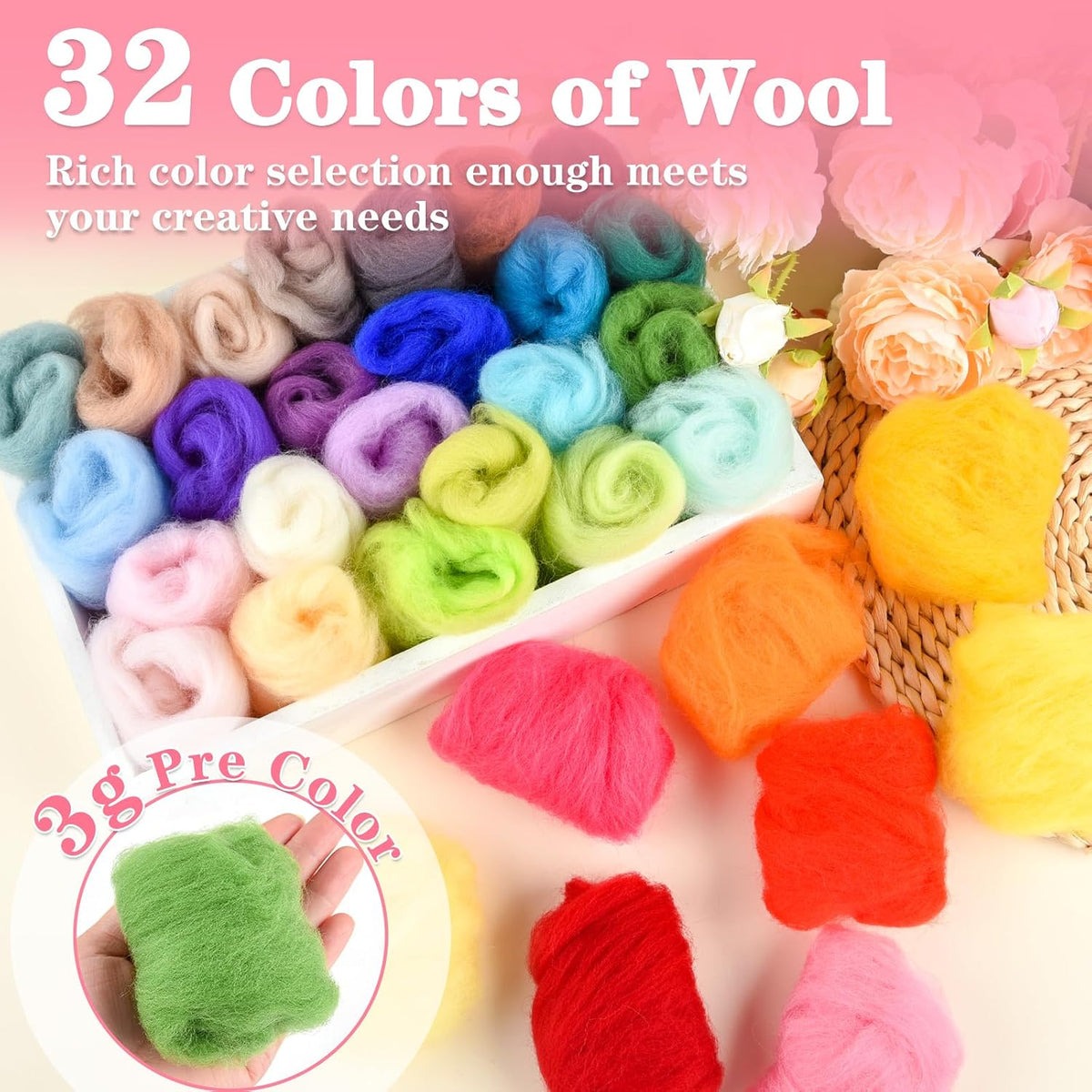 NEBURORA 32 Color Needle Felting Wool Set 3g Per Color for DIY Crafts