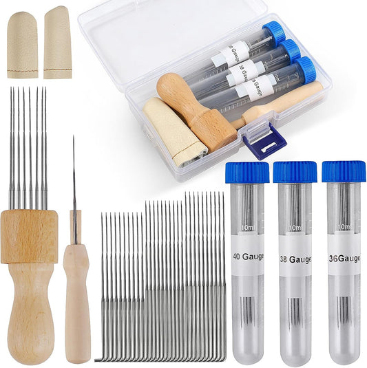 Phinus Needle Felting Ket, Needle Felting Supplies with 30pcs 3 Sizes Wool Felting Needles, Wooden Handle, Fingercots, Storage Box, Felting Needle Tools for Beginner & Professional DIY Felting Crafts