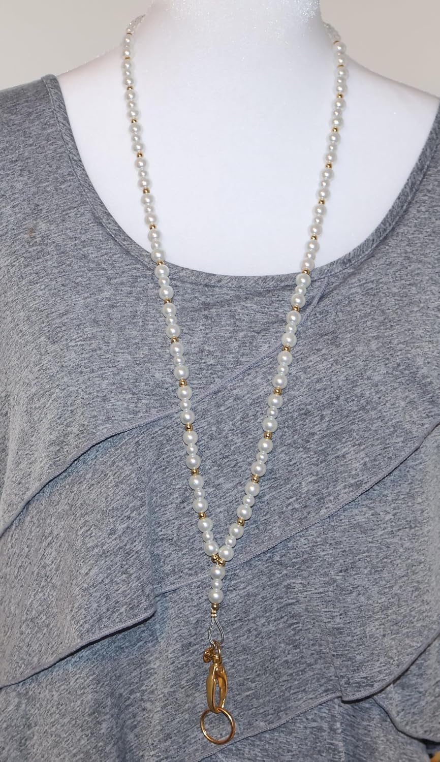 Hidden Hollow Beads Pearl & Gold Women's Handmade in USA Beaded Fashion Lanyard 34" Teacher ID Badge Holder Keys Cruise Phone