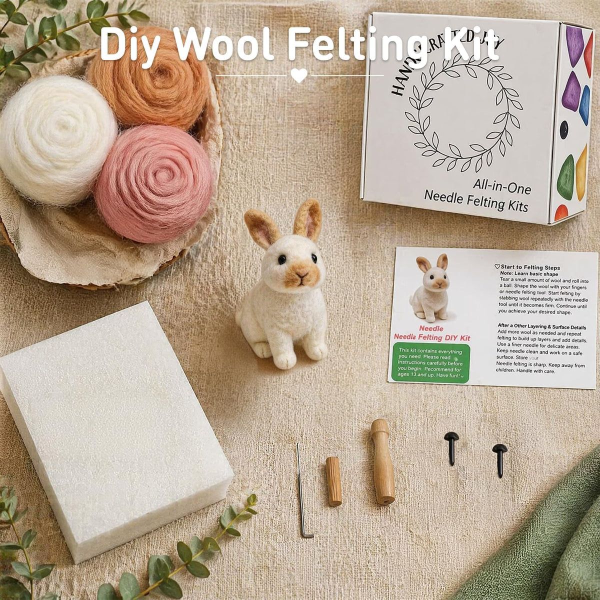FACE N FACE DIY Needle Felting Kit Realistic White Rabbit Tan Ears – Needle Felting Starter Kit with Fiber Roving, Needles, Felting Pad & Instructions | Felted Rabbit Animal Kit for Beginners Adults