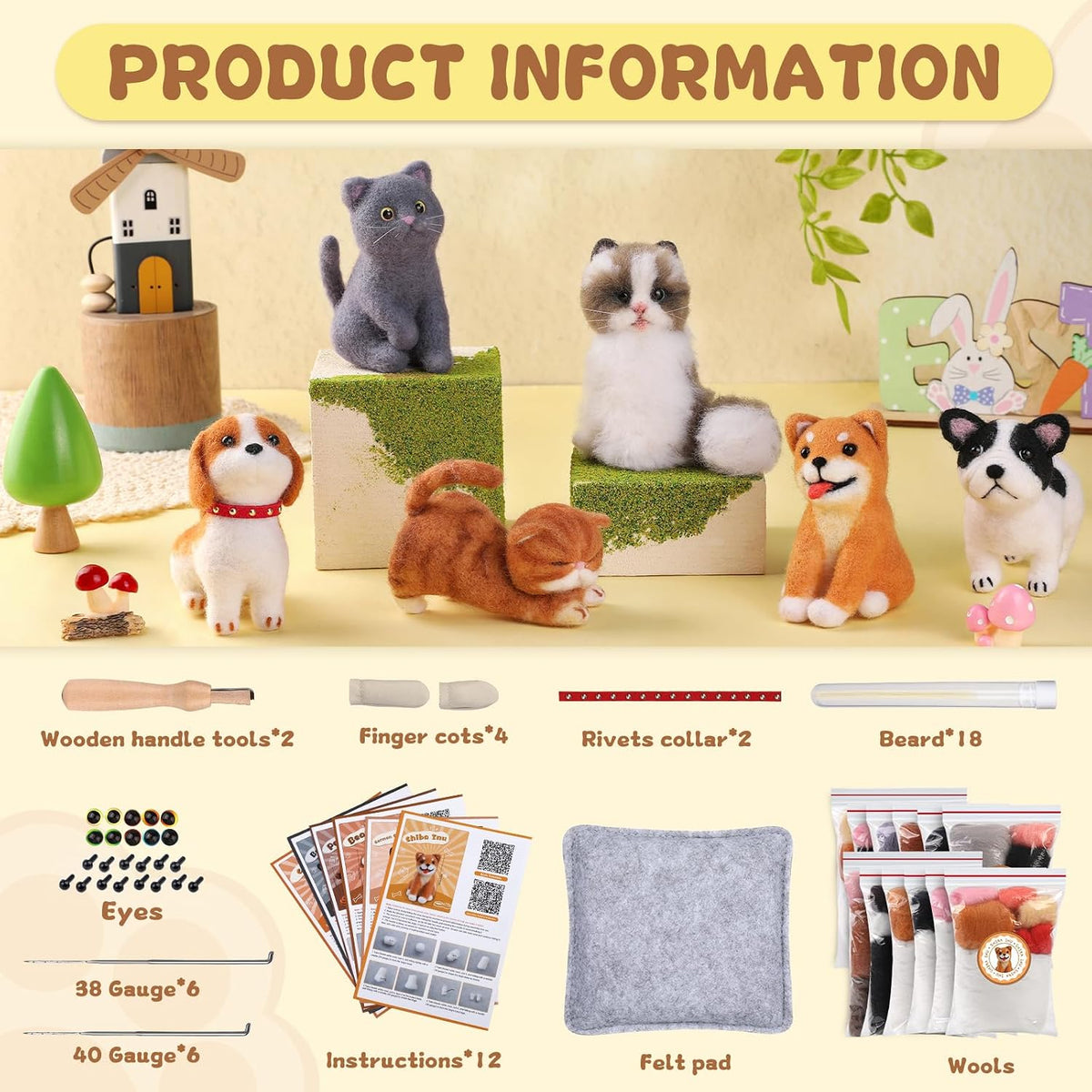 Mayboos 12 Pcs Needle Felting Kit, Felting Kits for Beginners Animal