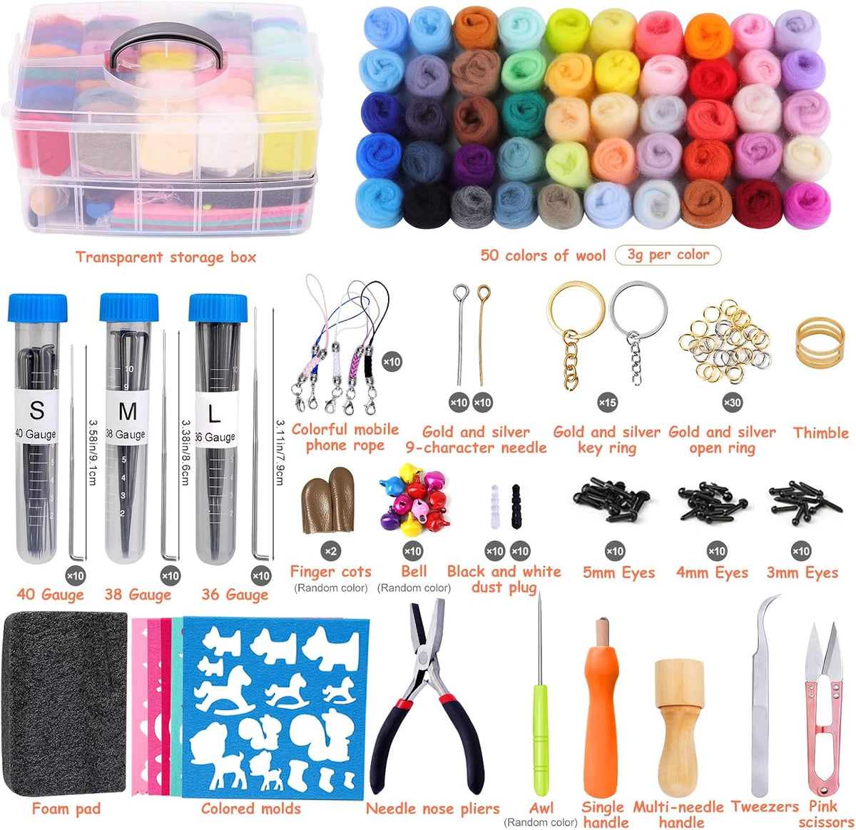 QMNNMA 241 Pcs Needle Felting Kit, 50 Colors Wool Felting Kit for Beginners