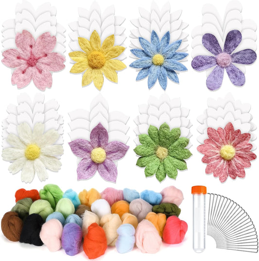 HunnmingRe 32 Set Needle Felting Kits Needle Felting Supplies for Beginner Include Wool Roving Pad and Needles for DIY Home Decoration Art Craft(Flowers)