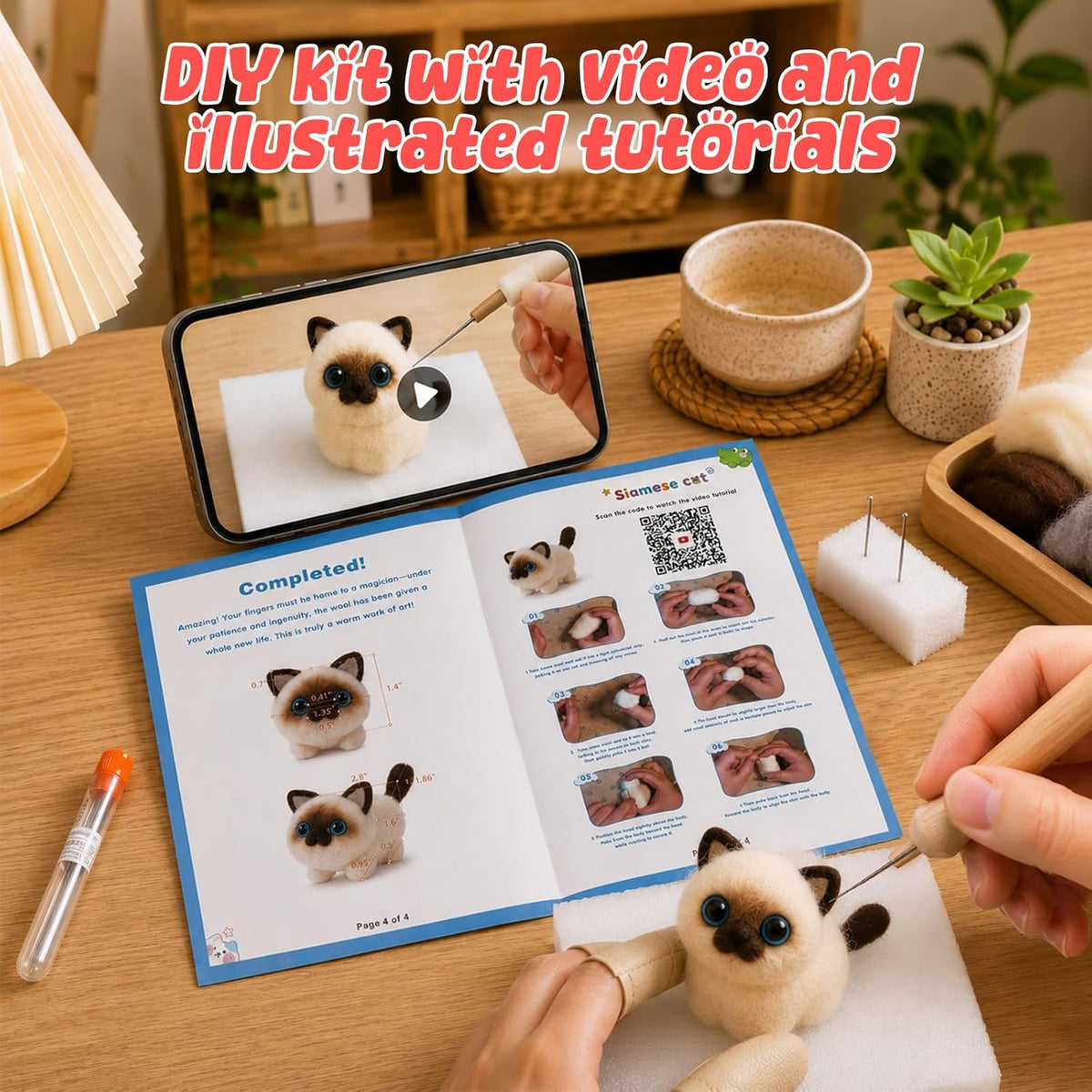Voduynl Beginner Needle Felting Kit - 4 Cats and Dogs Pairs - Includes Wool, Tools, Step-by-Step Video, Safety Guide & Instruction Cards, Ideal Starter Set for Adults & DIY Beginners