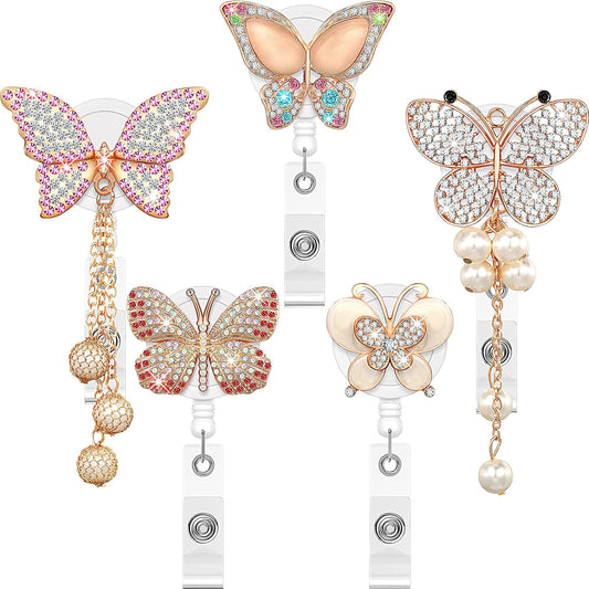 5 Pieces Rhinestone Retractable Badge Holder Reel, Cute Animals Handmade Bling Rhinestone ID Badge Holders with Clip, Name Card ID Badge Reel for Volunteer Nurses Doctors Teachers (Butterfly Style)