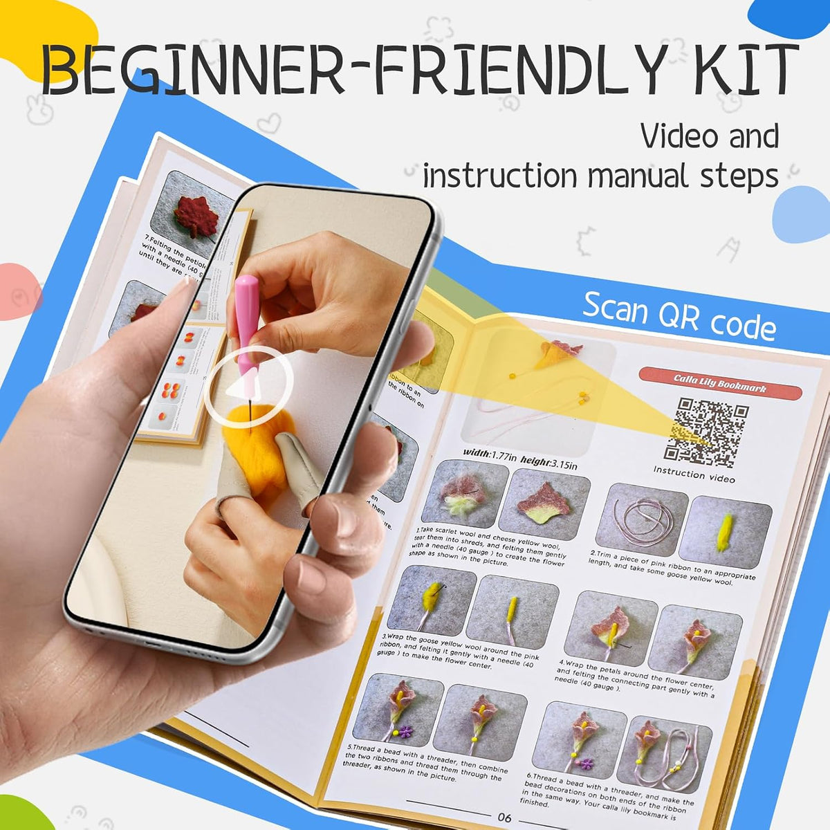 OEHPICC Needle Felting Kit, 7 Pcs Flower Bookmark Felting Kit for Adults