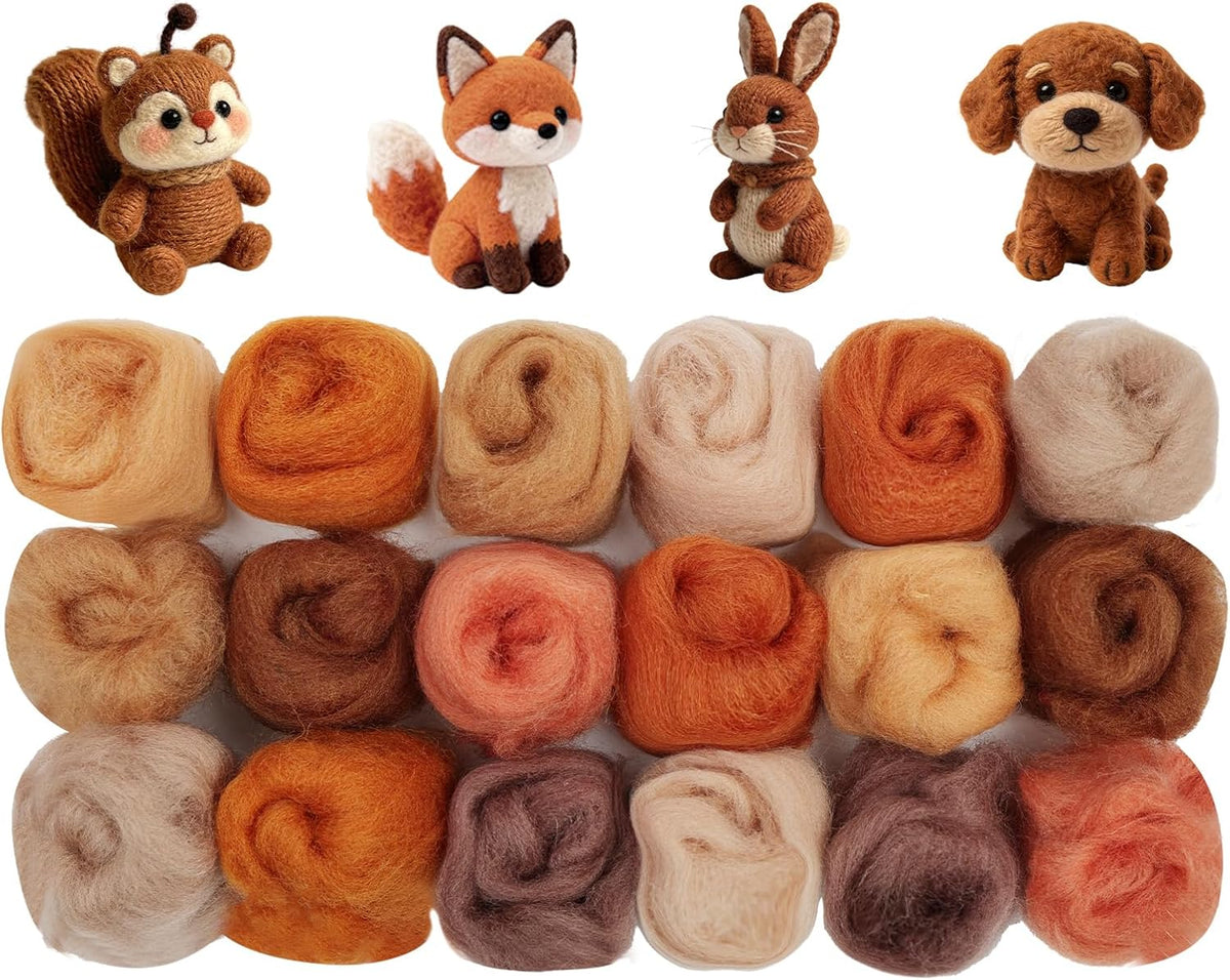 Ainiv 18 Pcs Needle Felting Wool, 9 Colors x 2 Packs Wool Roving, Brown