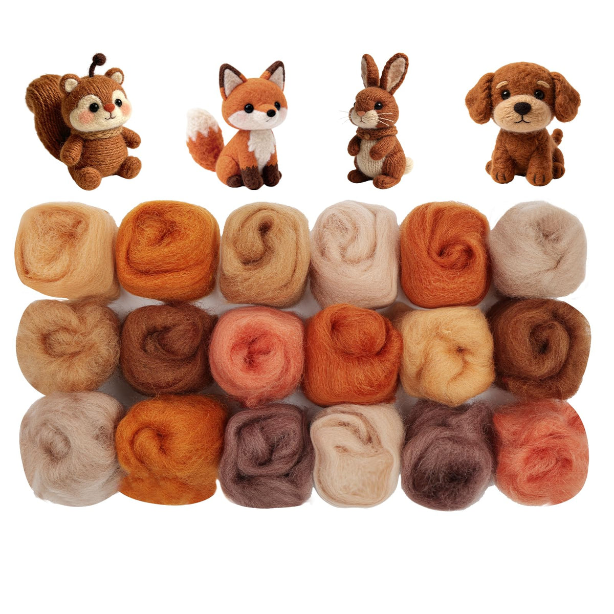 Ainiv 18 Pcs Needle Felting Wool, 9 Colors x 2 Packs Wool Roving, Brown