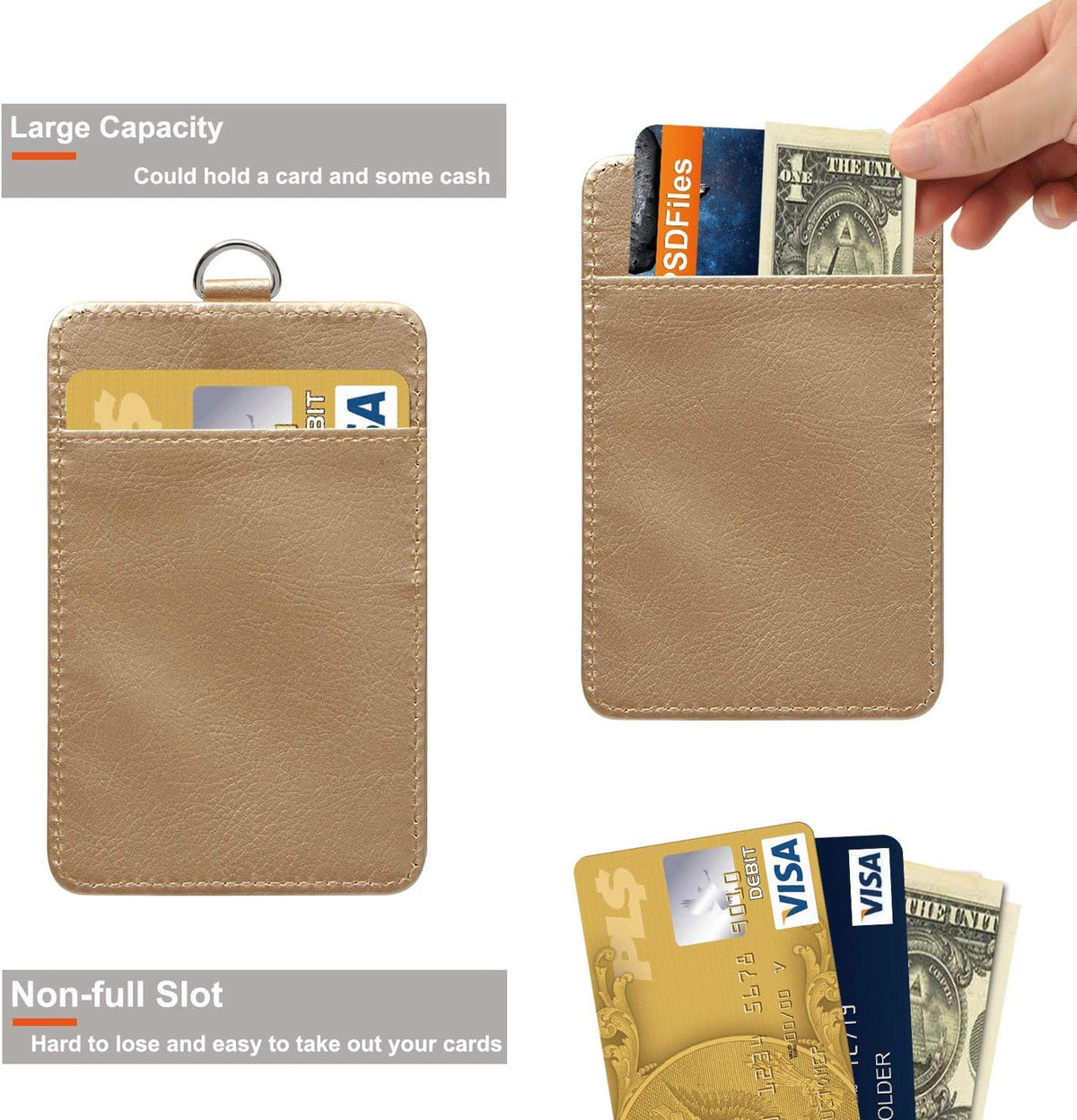 PU Leather ID Badge Holder, Life-Mate ID Badge Holder with 1 Clear ID Window 1 Credit Card Slot and PU Leather Lanyard for Badge Credit Cards College ID Cards in Champagne Gold
