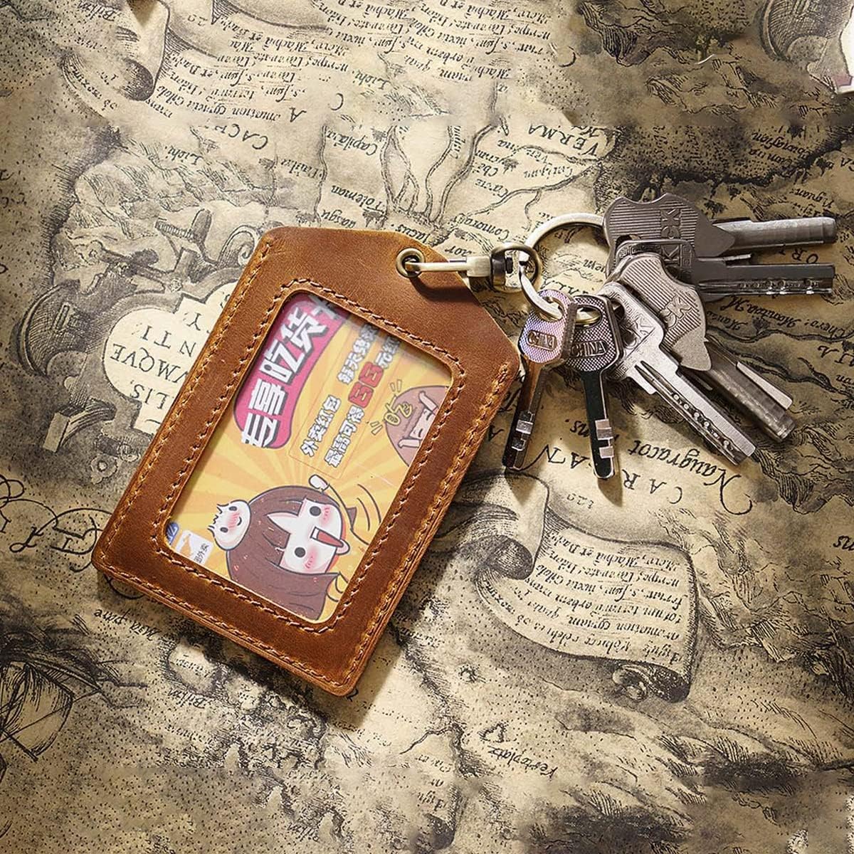 Badge Holder, Handmade Leather ID Card Badge Holder with Carabiner Clip
