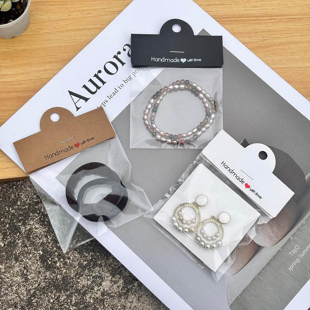 100PCS Bracelet Display Cards with 100PCS Jewelry Bags,Thick Clear Packaging Bags for Small Business,Bracelet,Keychain,Charms,Earrings,Car Coaster (Black)