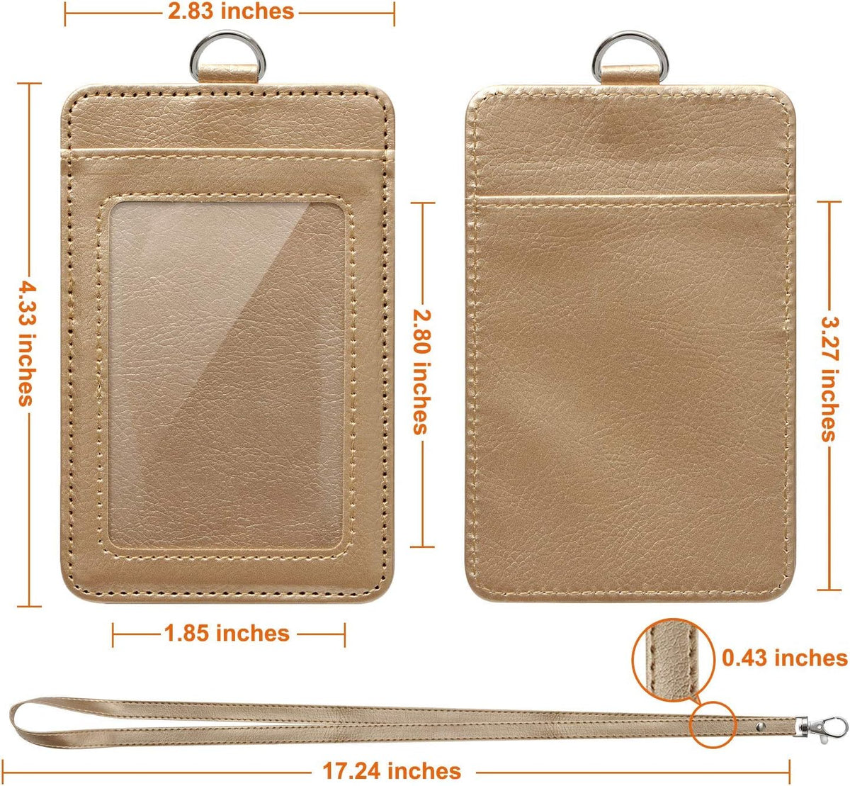 PU Leather ID Badge Holder, Life-Mate ID Badge Holder with 1 Clear ID Window 1 Credit Card Slot and PU Leather Lanyard for Badge Credit Cards College ID Cards in Champagne Gold