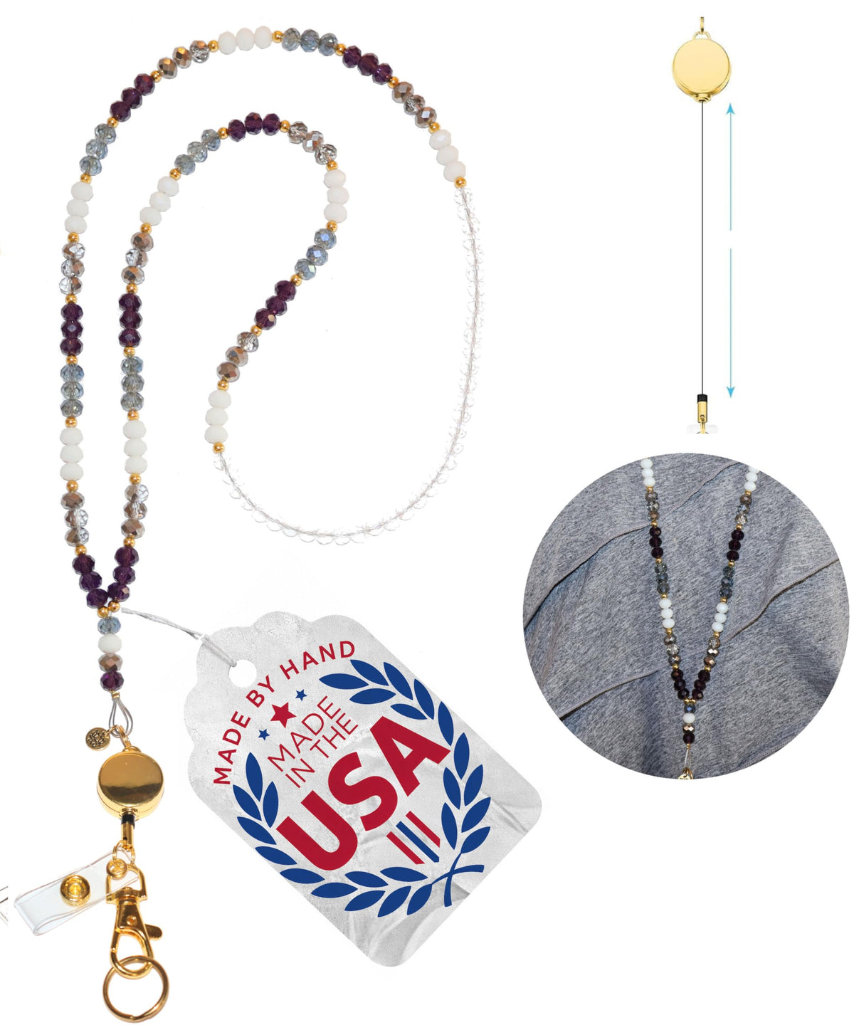 Hidden Hollow Beads Retractable Badge Reel, Women's Beaded Lanyard Strong ID Card Holder, Keys Teacher Nurse Cruise Keychain