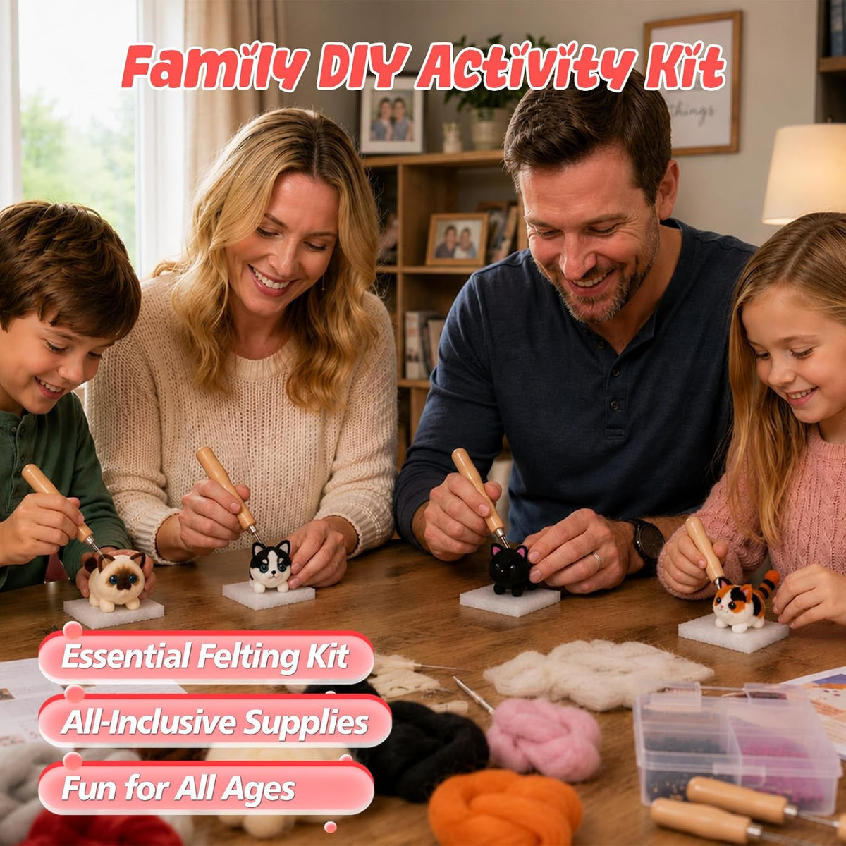 Voduynl Beginner Needle Felting Kit - 4 Cats and Dogs Pairs - Includes Wool, Tools, Step-by-Step Video, Safety Guide & Instruction Cards, Ideal Starter Set for Adults & DIY Beginners