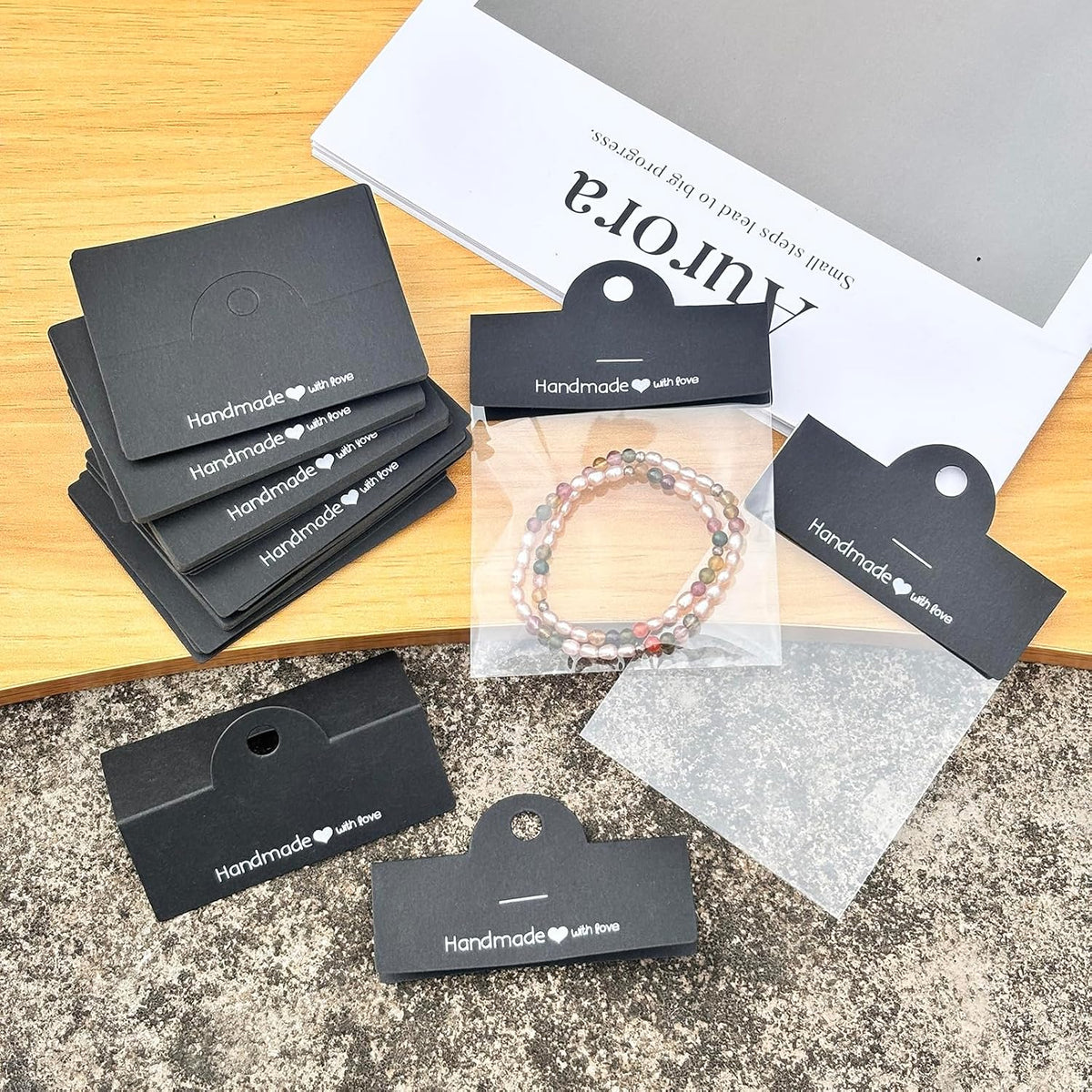 100PCS Bracelet Display Cards with 100PCS Jewelry Bags,Thick Clear Packaging Bags for Small Business,Bracelet,Keychain,Charms,Earrings,Car Coaster (Black)