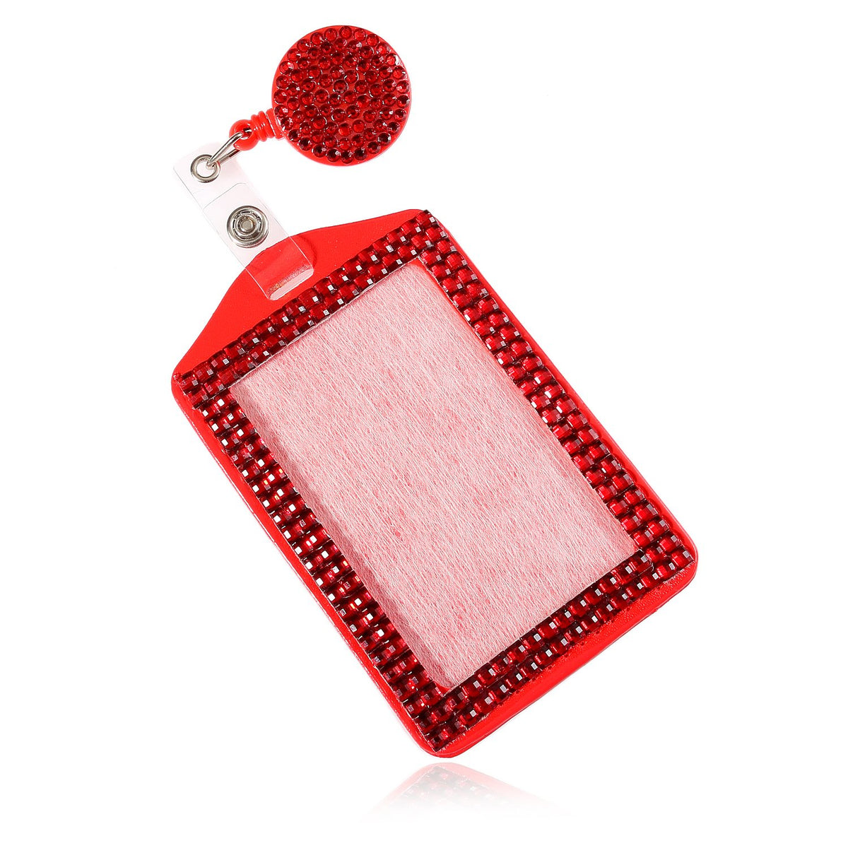 Fashion Retractable Pink Crystal Neck Lanyard,Premium Bling ID Name Badge Holder,Portable Rhinestone Work Badge Reel Clip for Nurse,Teacher,Doctor,Women(Vertical Card Holder,Baby Pink)