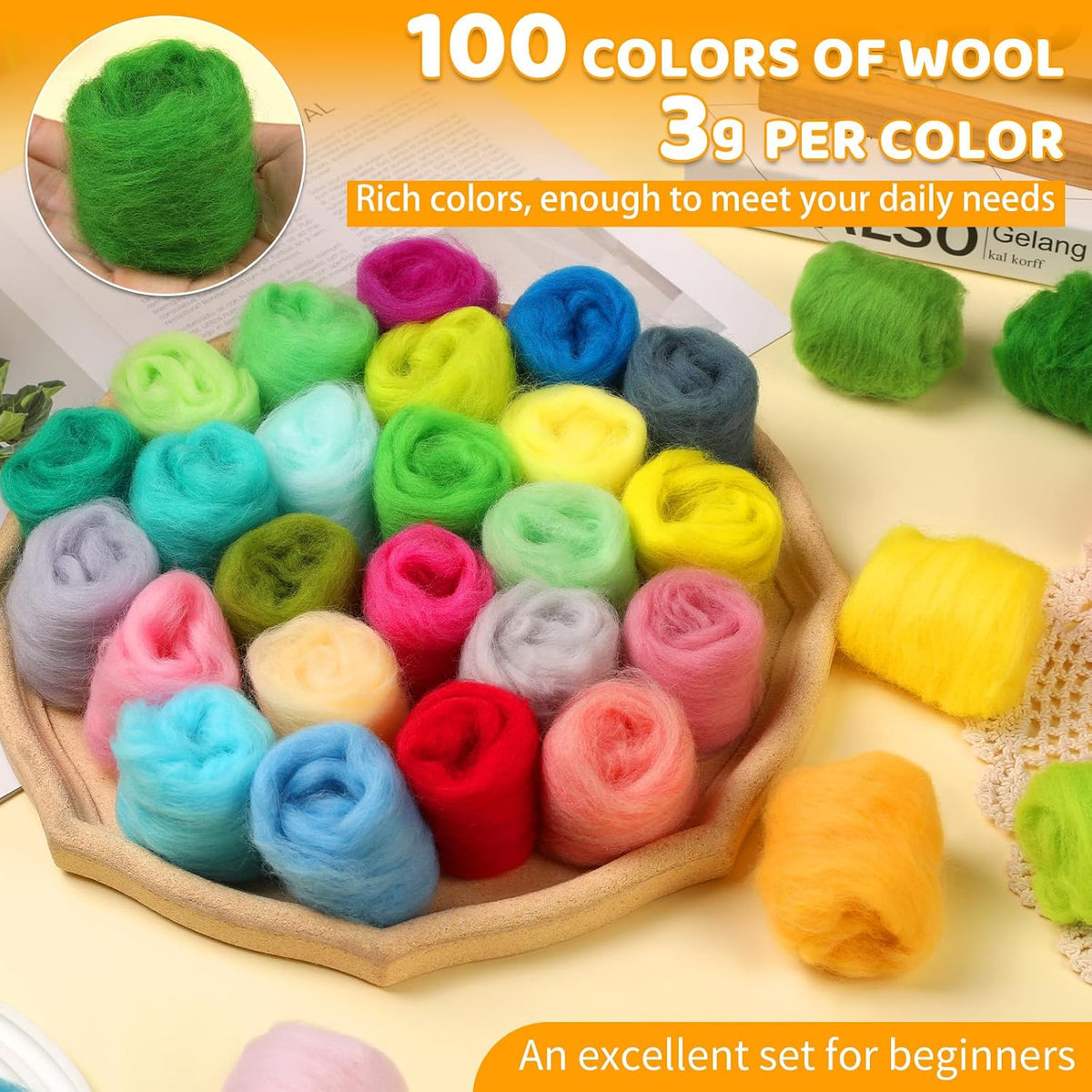 WONVOC 100 Colors Needle Felting Wool, Wool Roving 3g /Color, 10.5 oz Total