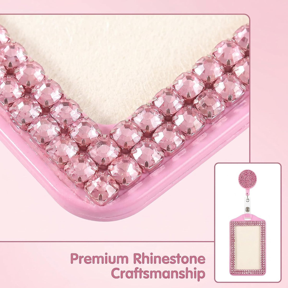 Fashion Retractable Pink Crystal Neck Lanyard,Premium Bling ID Name Badge Holder,Portable Rhinestone Work Badge Reel Clip for Nurse,Teacher,Doctor,Women(Vertical Card Holder,Baby Pink)