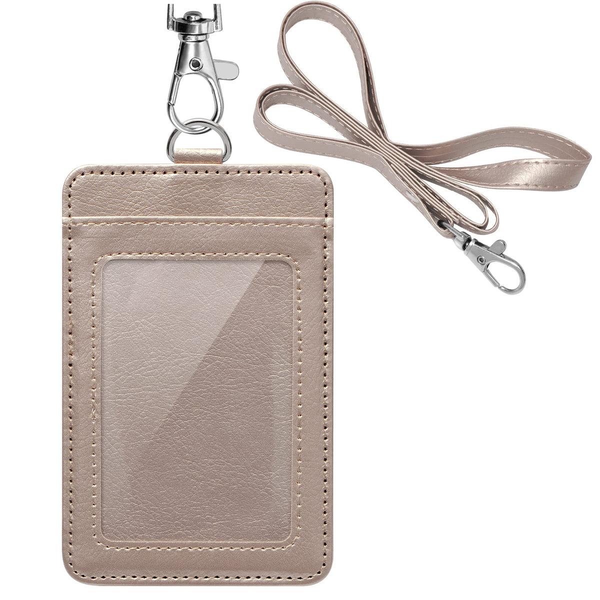 PU Leather ID Badge Holder, Life-Mate ID Badge Holder with 1 Clear ID Window 1 Credit Card Slot and PU Leather Lanyard for Badge Credit Cards College ID Cards in Champagne Gold
