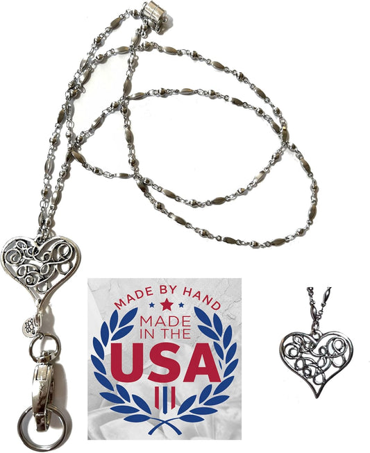 Hidden Hollow Beads Women's Lanyard Strong Stainless Steel Chain Heart Hand Made USA, 34" ID Badge Breakaway Card Holder Keys