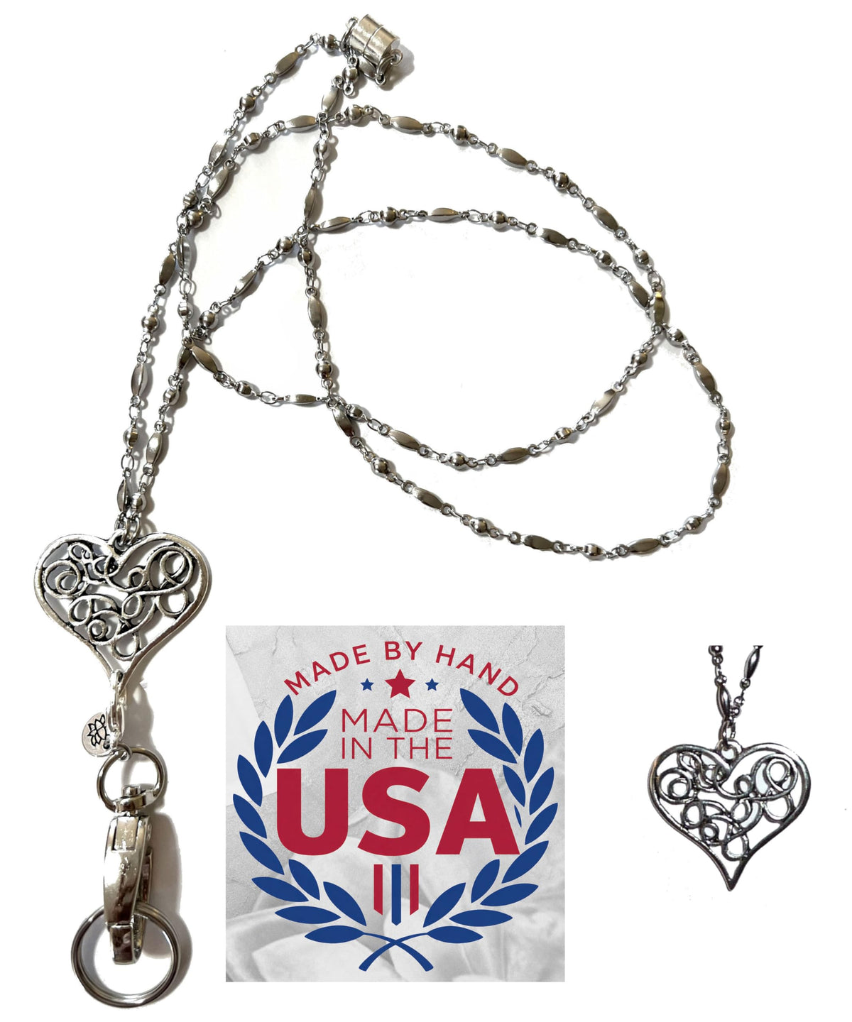Hidden Hollow Beads Women's Lanyard Strong Stainless Steel Chain Heart Hand Made USA, 34" ID Badge Breakaway Card Holder Keys