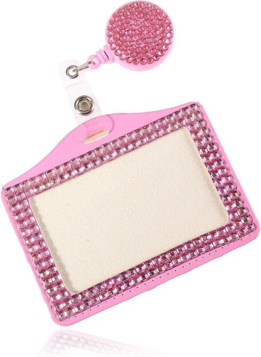 Fashion Premium Baby Pink Crystal Neck Lanyard,Retractable Bling ID Name Badge Holder,Portable Rhinestone Work Badge Reel Clip for Nurse,Teacher,Women,Doctor(Horizotal Card Holder)