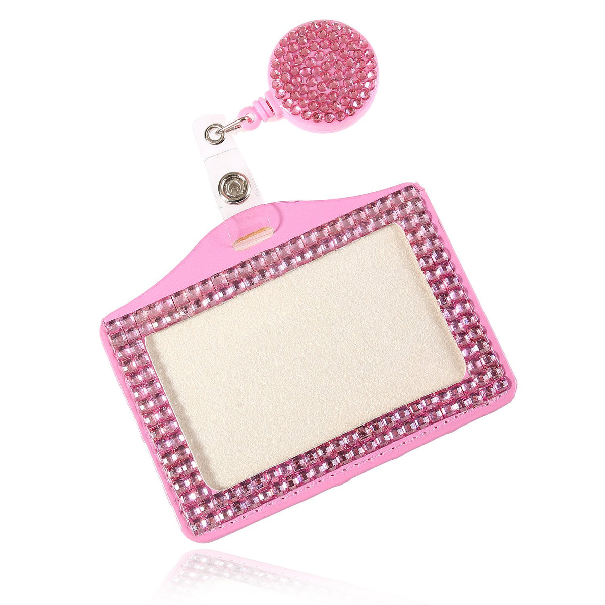 Fashion Premium Baby Pink Crystal Neck Lanyard,Retractable Bling ID Name Badge Holder,Portable Rhinestone Work Badge Reel Clip for Nurse,Teacher,Women,Doctor(Horizotal Card Holder)