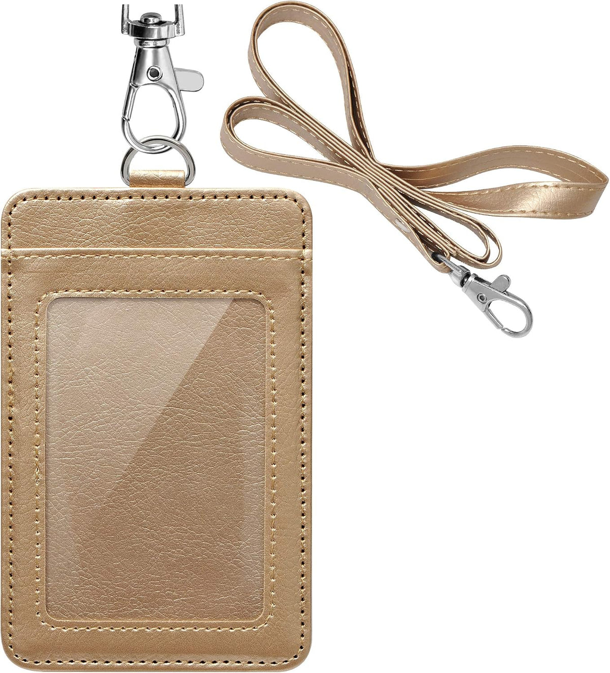 PU Leather ID Badge Holder, Life-Mate ID Badge Holder with 1 Clear ID Window 1 Credit Card Slot and PU Leather Lanyard for Badge Credit Cards College ID Cards in Champagne Gold