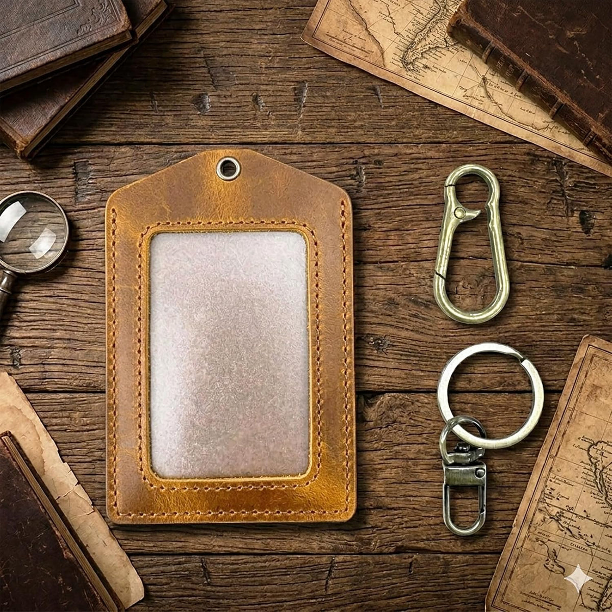 Badge Holder, Handmade Leather ID Card Badge Holder with Carabiner Clip