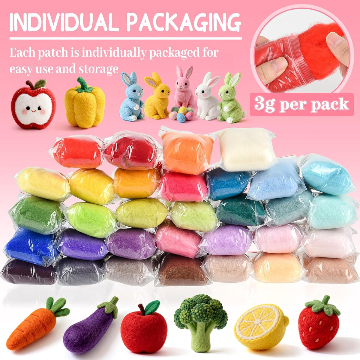 NEBURORA 32 Color Needle Felting Wool Set 3g Per Color for DIY Crafts
