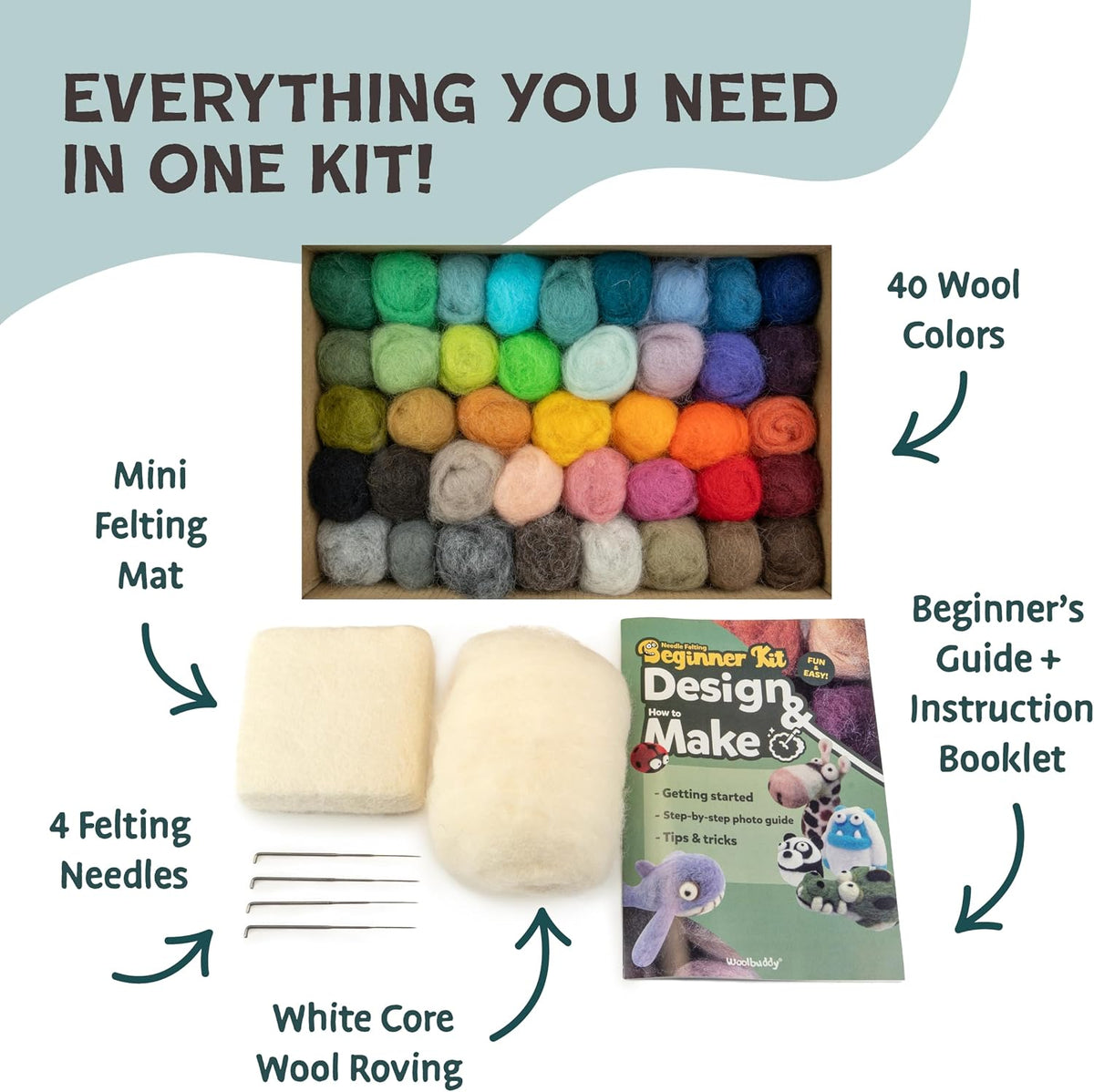 Woolbuddy Needle Felting Kit Beginner Set, 40 Colors, White Core Wool, Tool