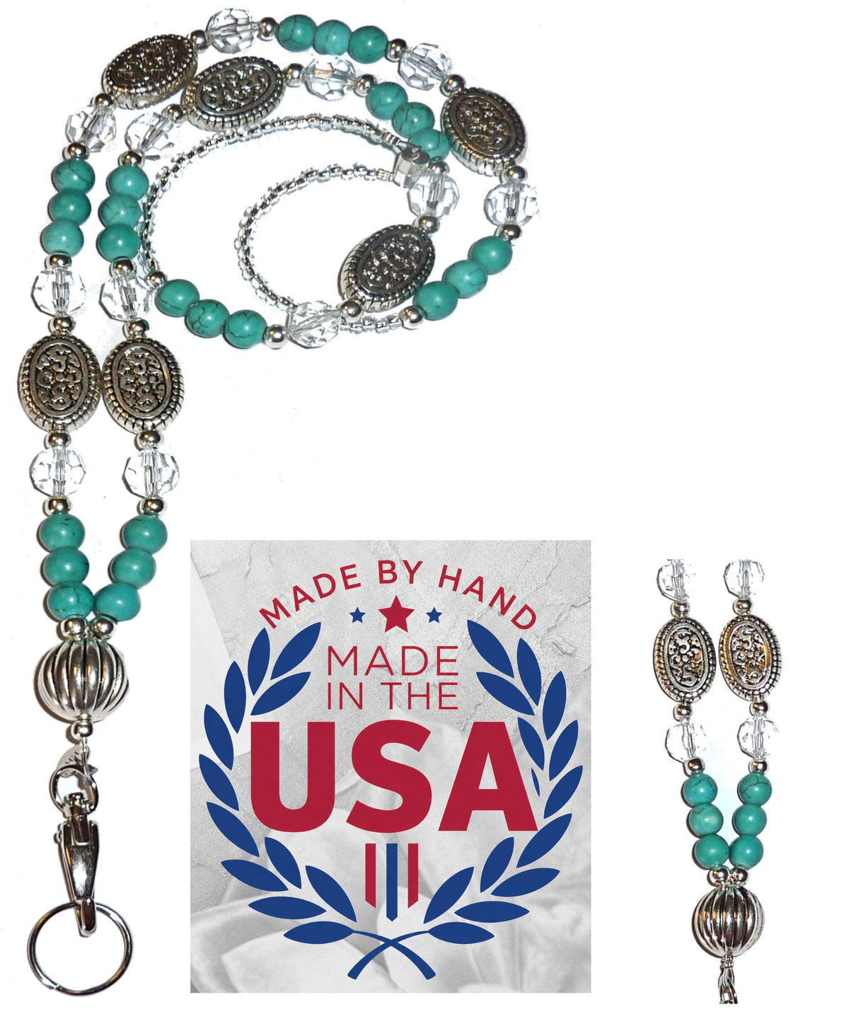 Hidden Hollow Beads Turquoise Women's Hand Beaded Fashion Lanyard 34 Inches, USA, Teacher ID Badge Holder Keys Cruise (Turquoise & Howlite Breakaway Clasp)