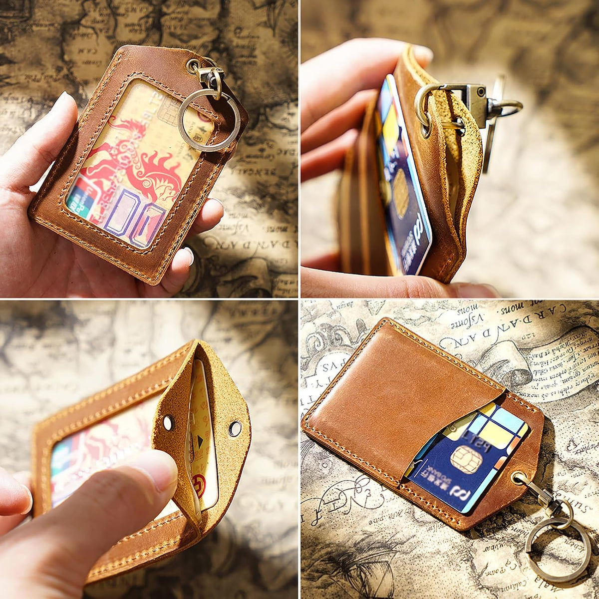 Badge Holder, Handmade Leather ID Card Badge Holder with Carabiner Clip